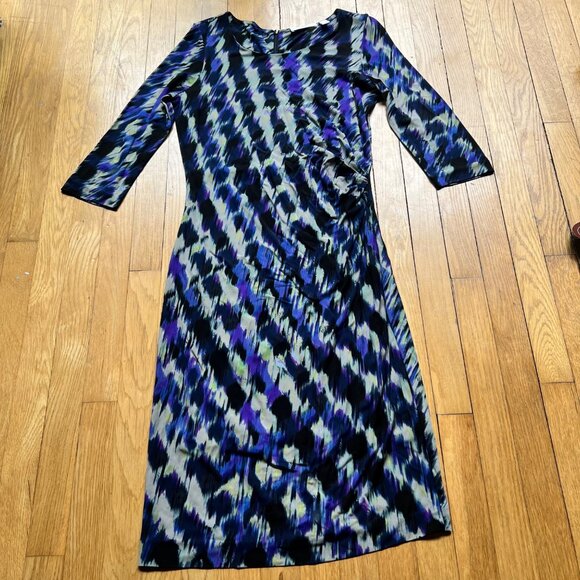 Boss Hugo Boss Size L Blue Black Abstract Print 3/4 Sleeve Ruched Sheath Dress - Picture 8 of 15